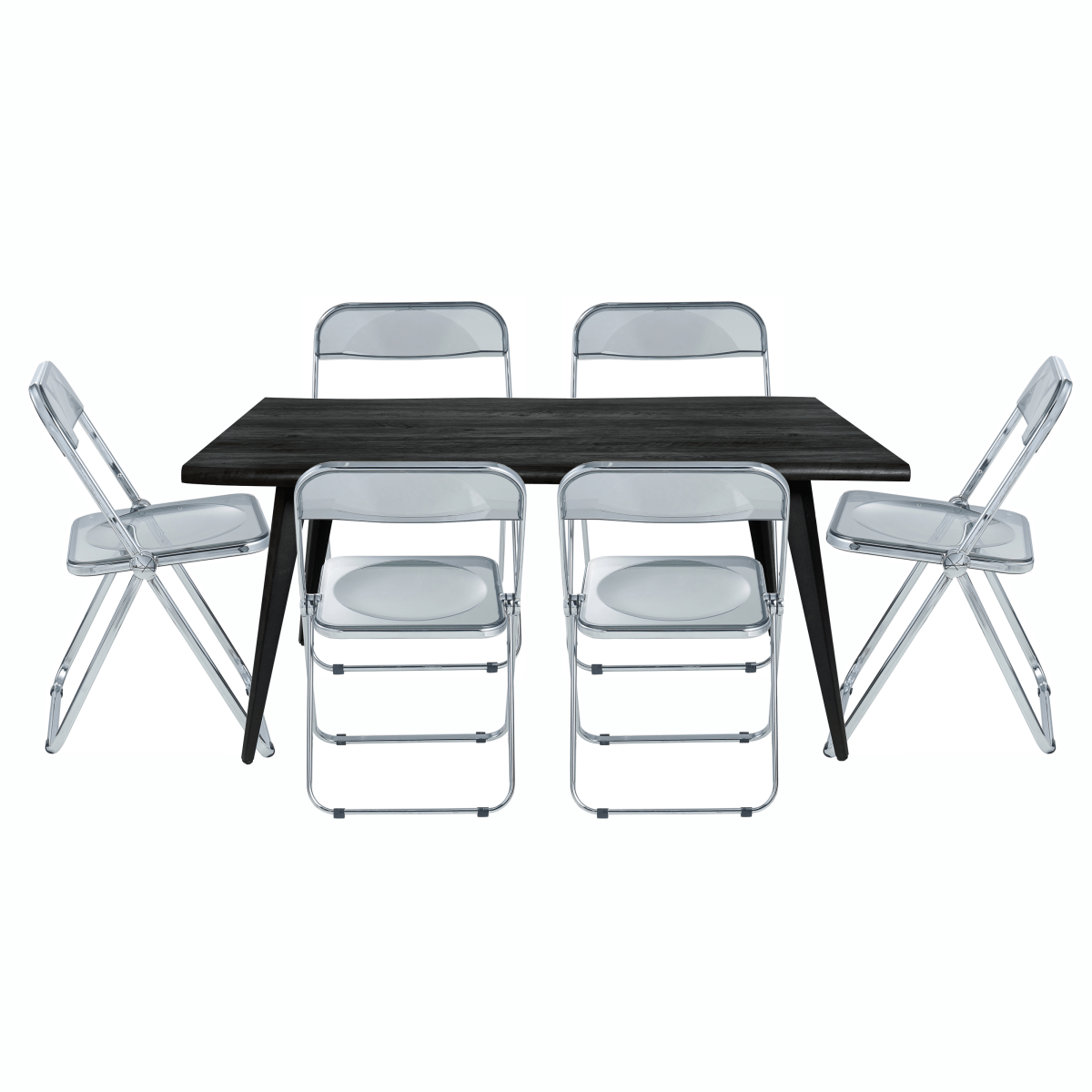 Lawrence 7-Piece Dining Set: Folding Acrylic Chairs & Rectangular Wood Table Transparent Black Dining Set Leisuremod