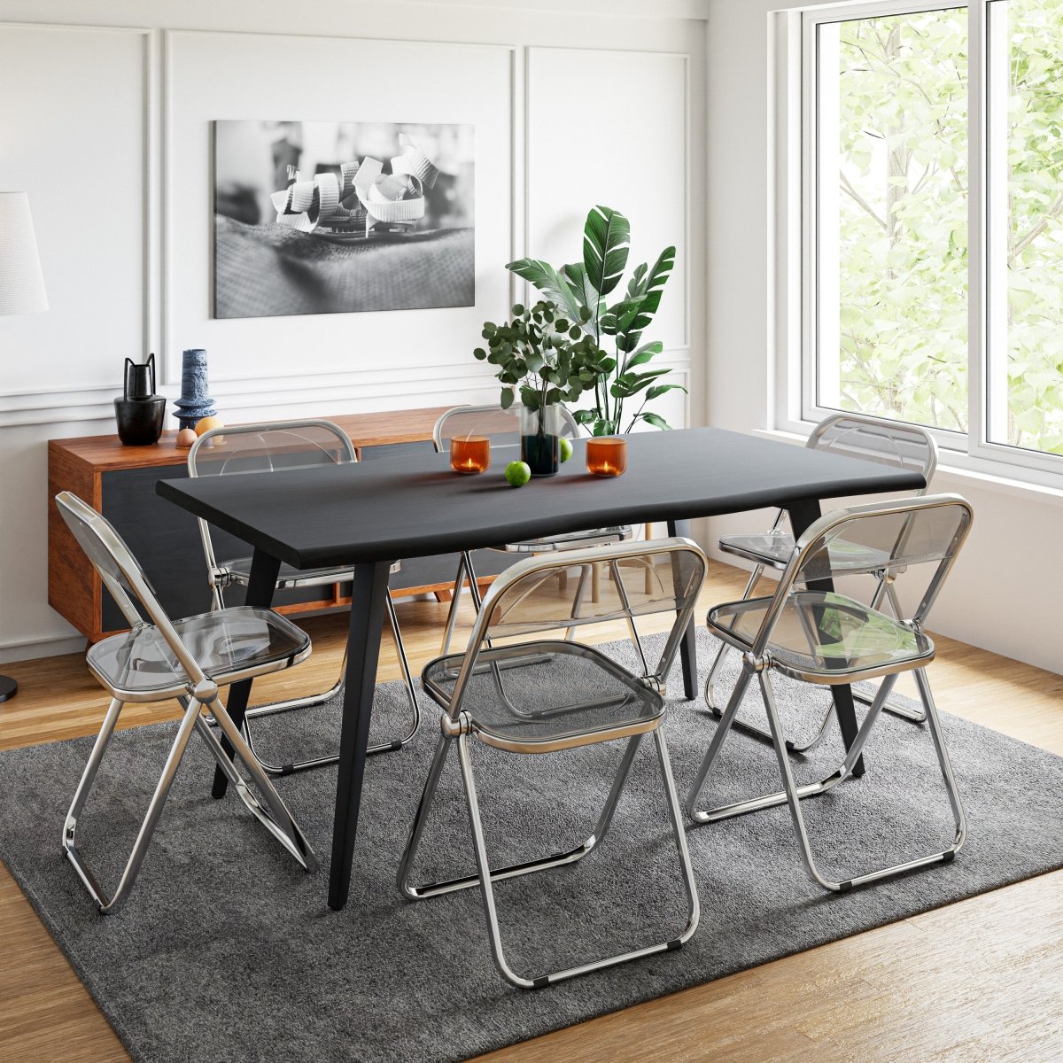 Lawrence 7-Piece Dining Set: Folding Acrylic Chairs & Rectangular Wood Table Transparent Black Dining Set Leisuremod