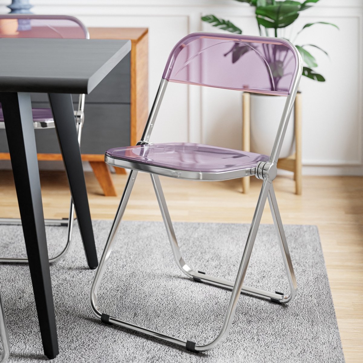 Lawrence 7-Piece Dining Set: Folding Acrylic Chairs & Rectangular Wood Table Magenta Dining Set Leisuremod
