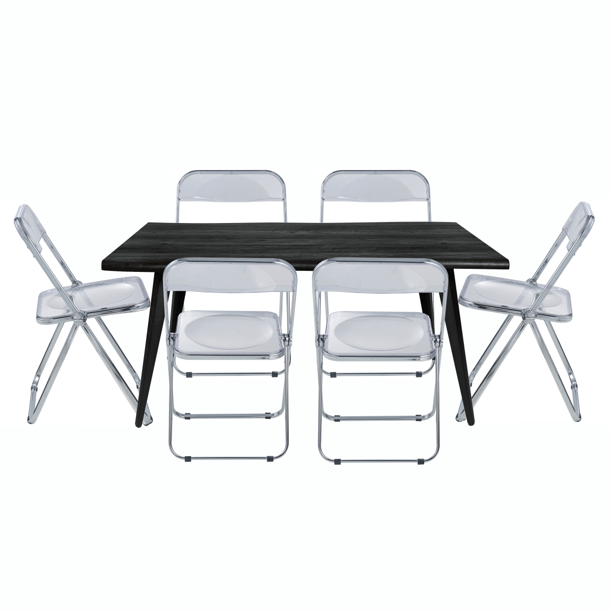 Lawrence 7-Piece Dining Set: Folding Acrylic Chairs & Rectangular Wood Table Clear Dining Set Leisuremod
