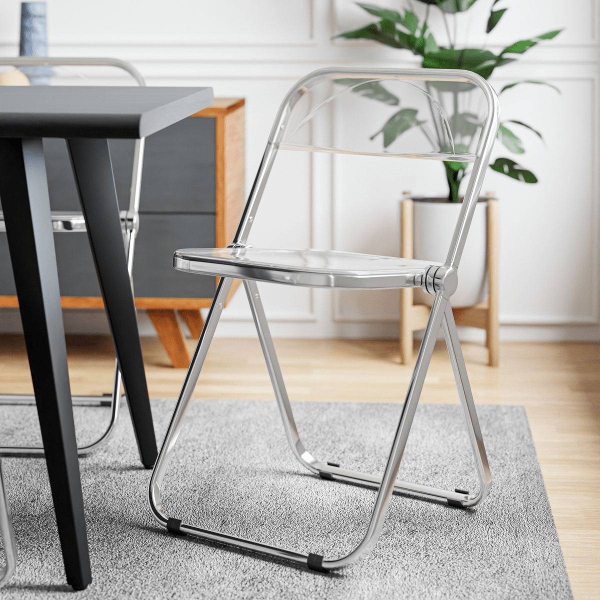 Lawrence 7-Piece Dining Set: Folding Acrylic Chairs & Rectangular Wood Table Clear Dining Set Leisuremod