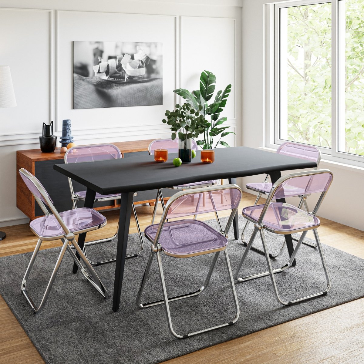 Lawrence 7-Piece Dining Set: Folding Acrylic Chairs & Rectangular Wood Table Magenta Dining Set Leisuremod