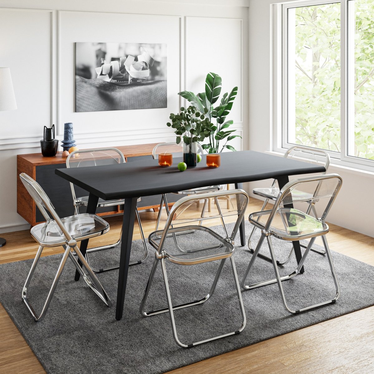 Lawrence 7-Piece Dining Set: Folding Acrylic Chairs & Rectangular Wood Table Jade Green Dining Set Leisuremod