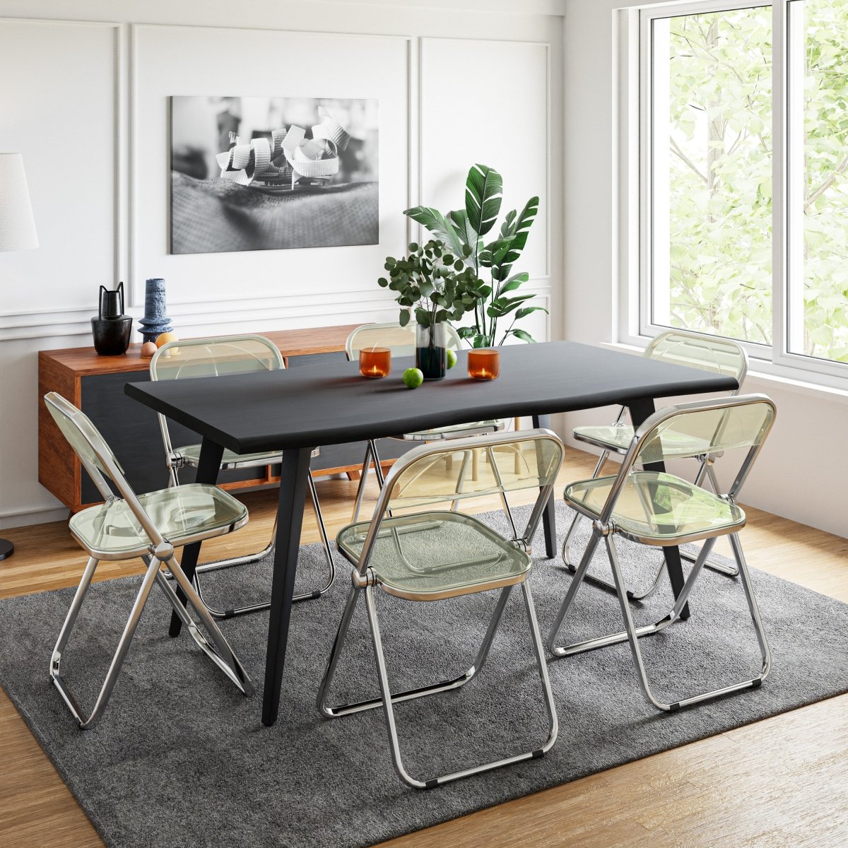Lawrence 7-Piece Dining Set: Folding Acrylic Chairs & Rectangular Wood Table Amber Dining Set Leisuremod