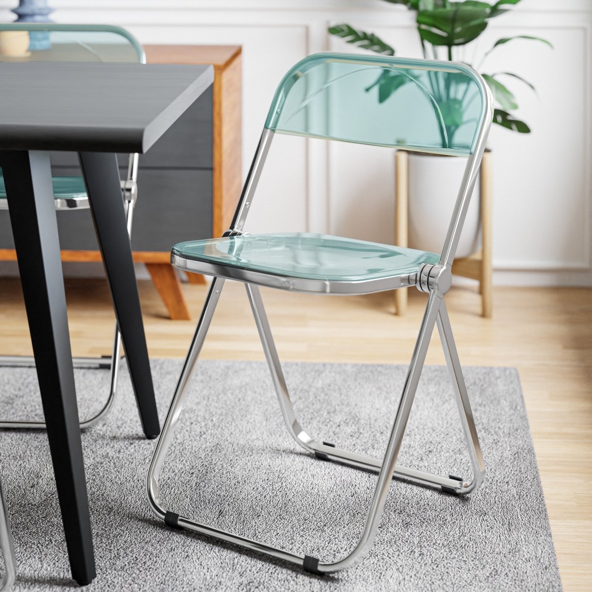 Lawrence 7-Piece Dining Set: Folding Acrylic Chairs & Rectangular Wood Table Jade Green Dining Set Leisuremod