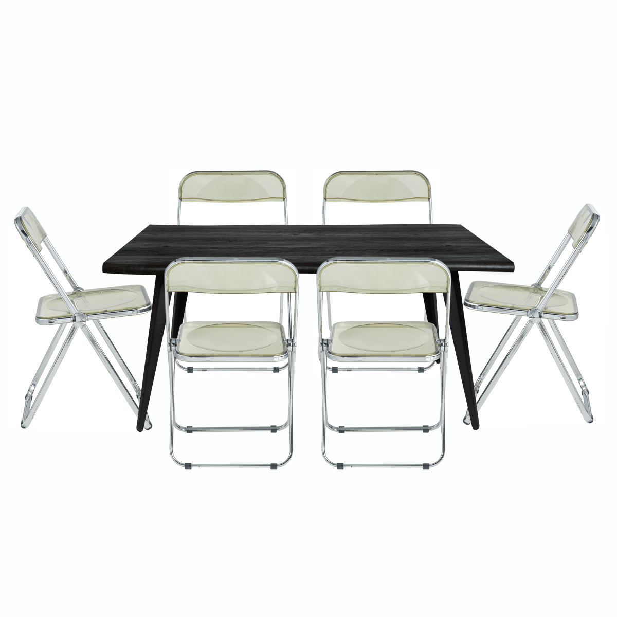 Lawrence 7-Piece Dining Set: Folding Acrylic Chairs & Rectangular Wood Table Amber Dining Set Leisuremod