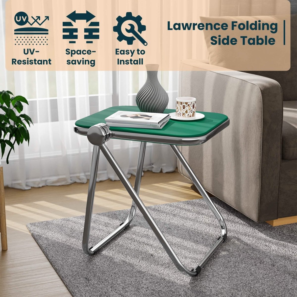 Lawrence Square Folding Side Table with Plastic Tabletop in Chrome Aluminum/Iron Frame