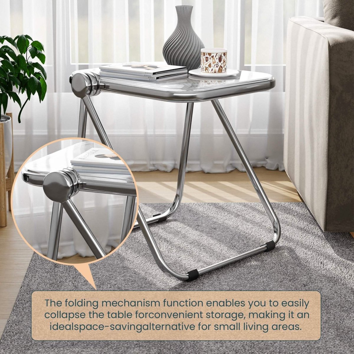 Lawrence Square Folding Side Table with Plastic Tabletop in Chrome Aluminum/Iron Frame