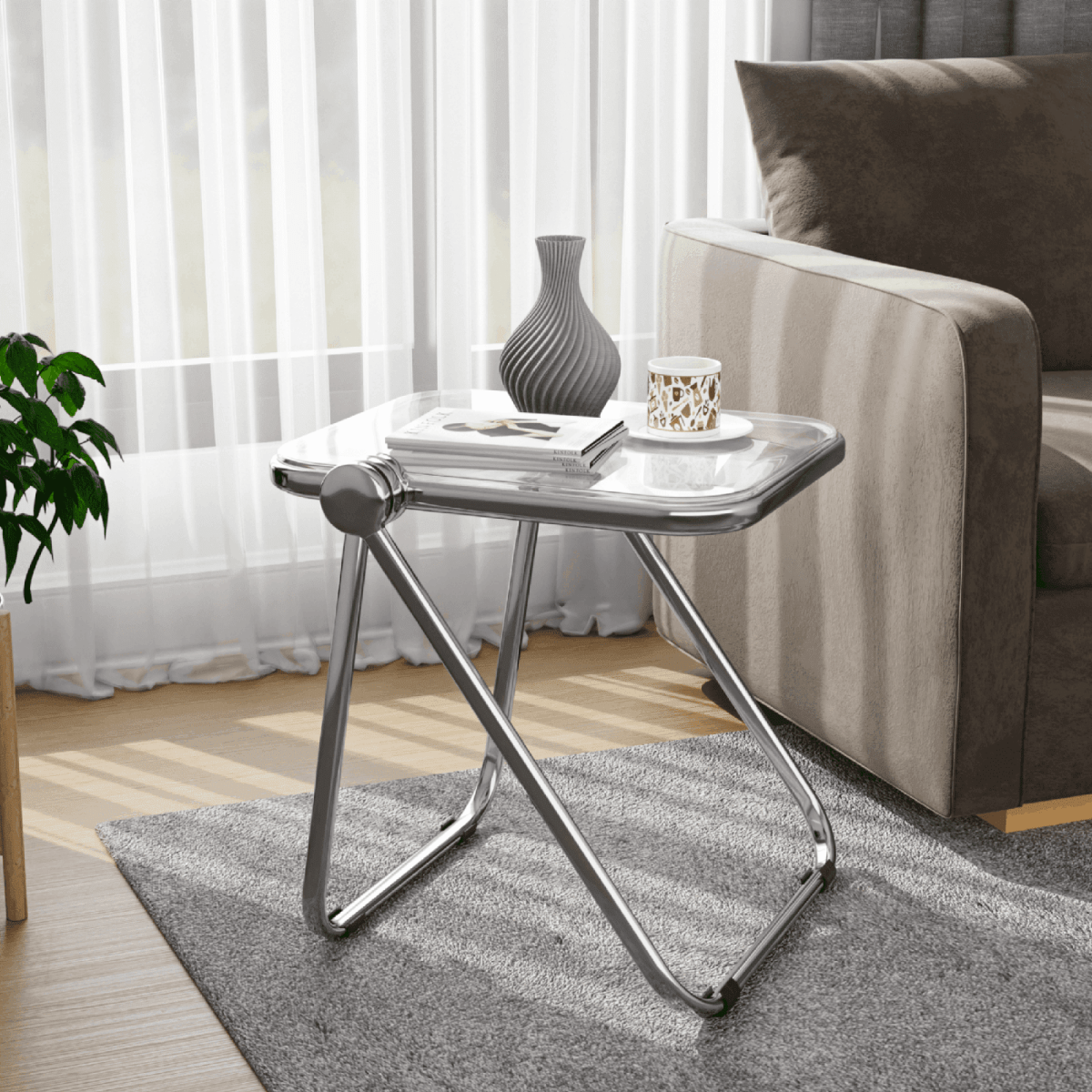 Lawrence Square Folding Side Table with Plastic Tabletop in Chrome Aluminum/Iron Frame