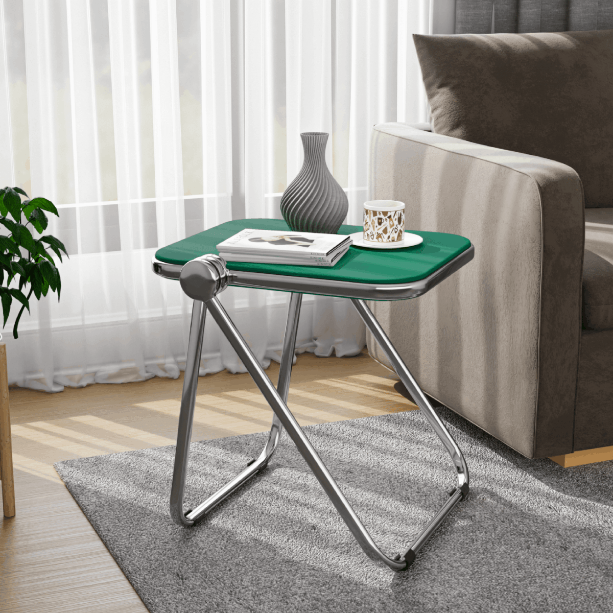 Lawrence Square Folding Side Table with Plastic Tabletop in Chrome Aluminum/Iron Frame