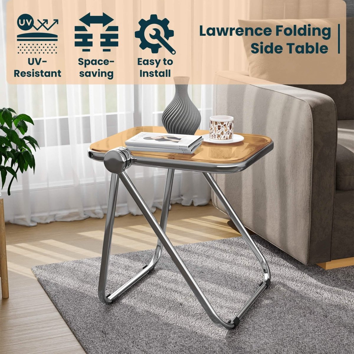 Lawrence Square Folding Side Table with Plastic Tabletop in Chrome Aluminum/Iron Frame