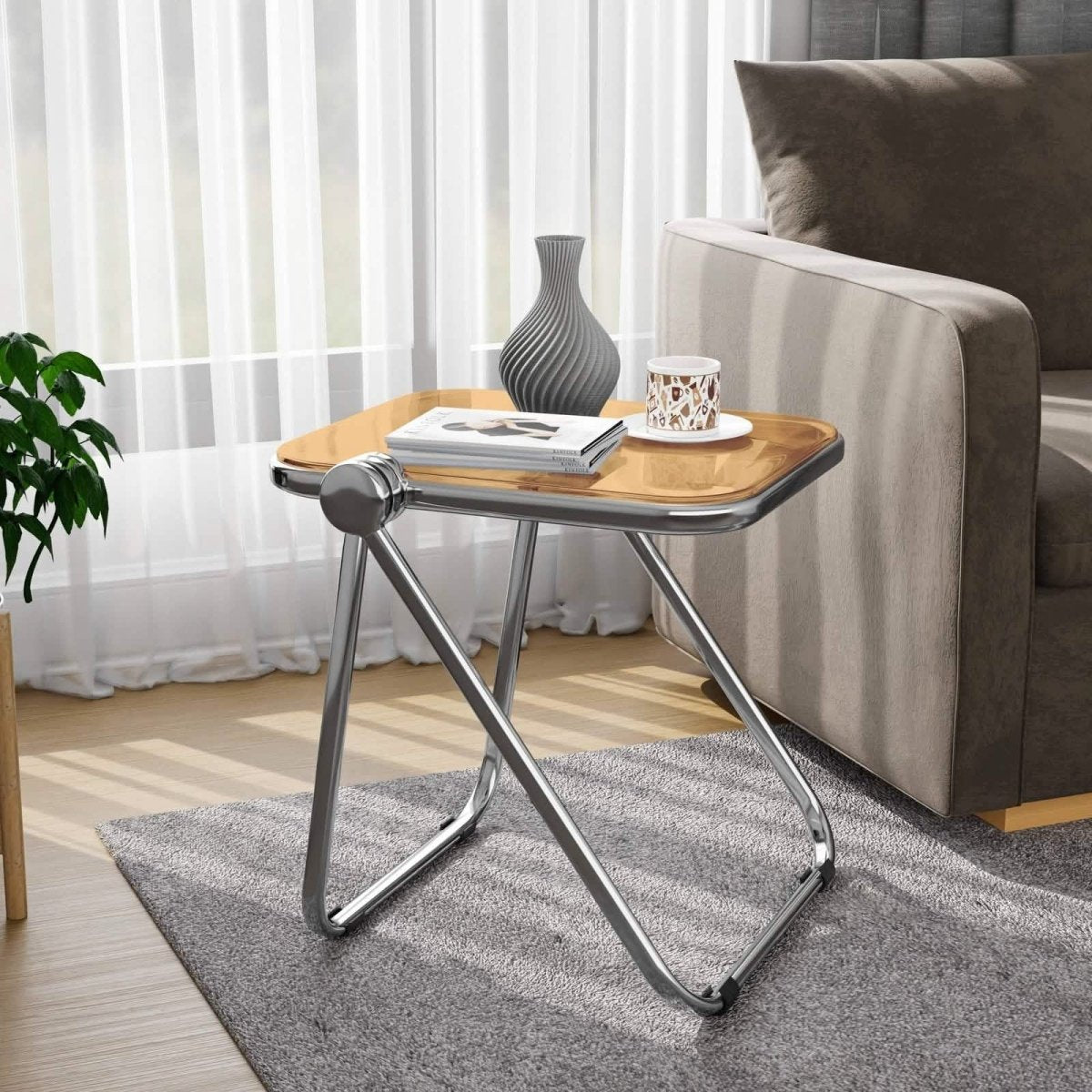 Lawrence Square Folding Side Table with Plastic Tabletop in Chrome Aluminum/Iron Frame