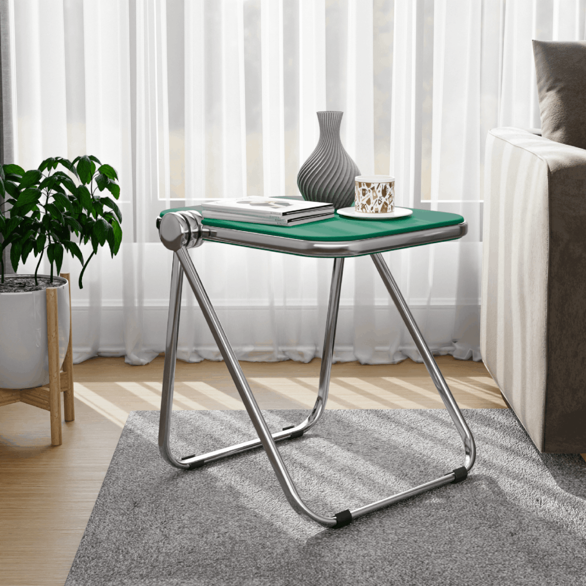 Lawrence Square Folding Side Table with Plastic Tabletop in Chrome Aluminum/Iron Frame