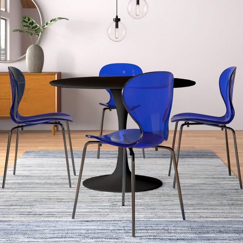 LeisureMod 5 - Piece Dining Set Round Black MDF Dining Table and 4 Acrylic Dining Chairs with Chrome Legs
