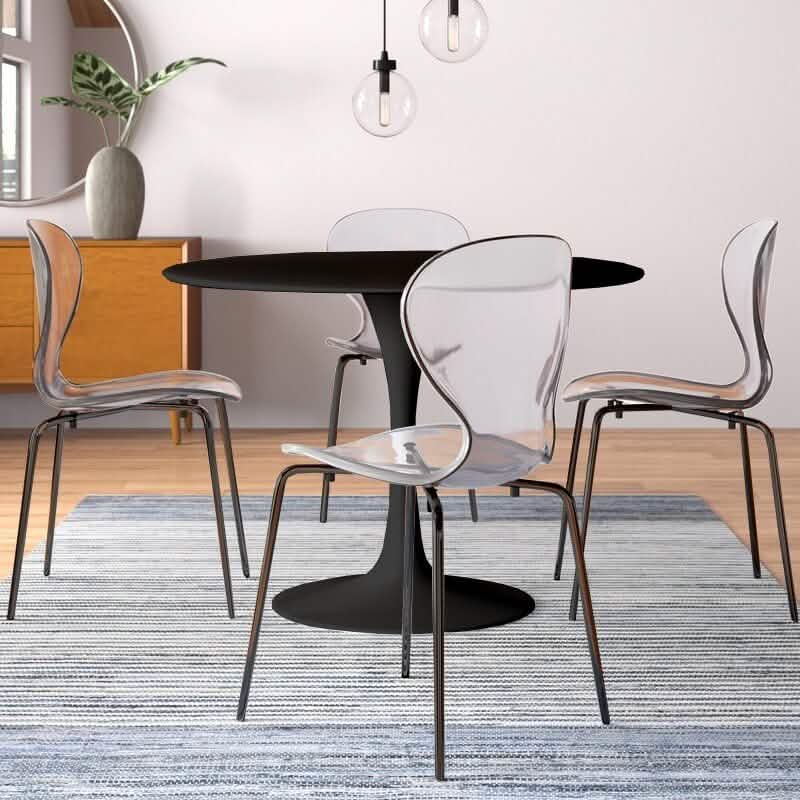 LeisureMod 5 - Piece Dining Set Round Black MDF Dining Table and 4 Acrylic Dining Chairs with Chrome Legs