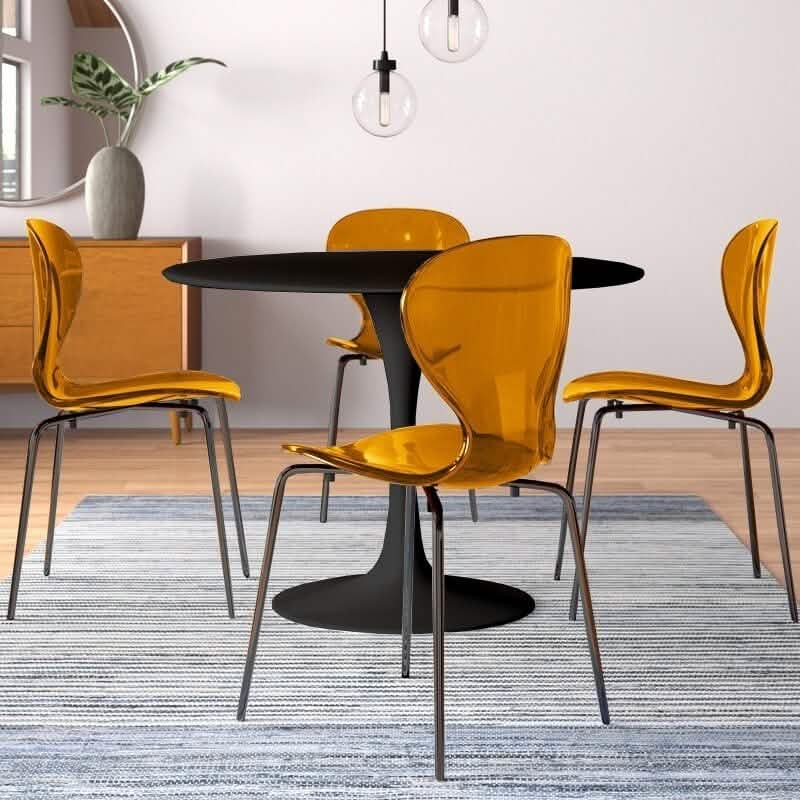 LeisureMod 5 - Piece Dining Set Round Black MDF Dining Table and 4 Acrylic Dining Chairs with Chrome Legs