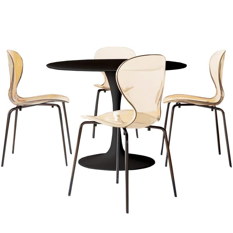 LeisureMod 5 - Piece Dining Set Round Black MDF Dining Table and 4 Acrylic Dining Chairs with Chrome Legs