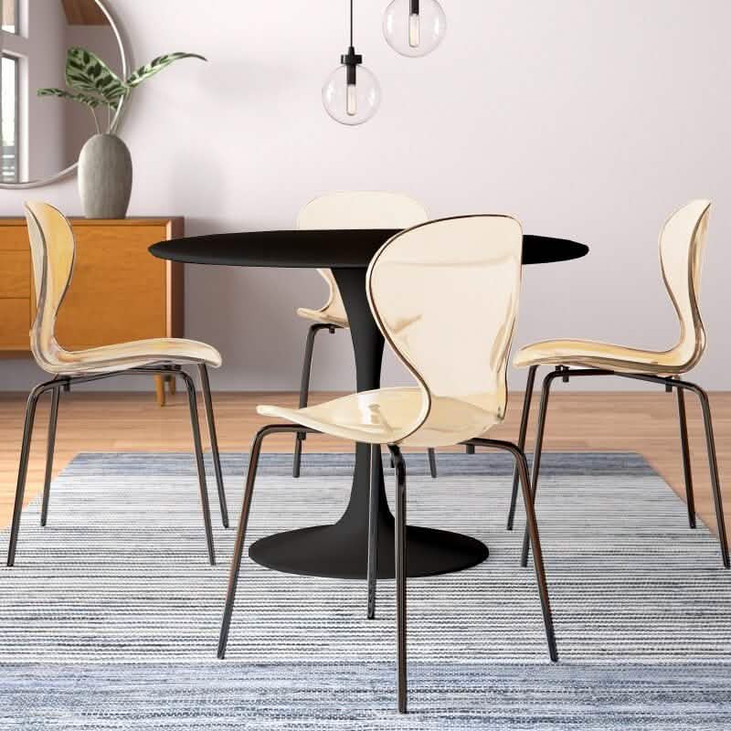 LeisureMod 5 - Piece Dining Set Round Black MDF Dining Table and 4 Acrylic Dining Chairs with Chrome Legs