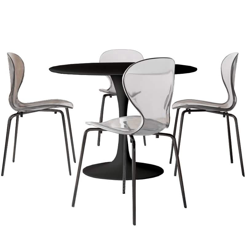LeisureMod 5 - Piece Dining Set Round Black MDF Dining Table and 4 Acrylic Dining Chairs with Chrome Legs