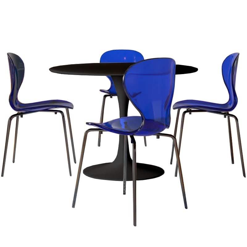 LeisureMod 5 - Piece Dining Set Round Black MDF Dining Table and 4 Acrylic Dining Chairs with Chrome Legs