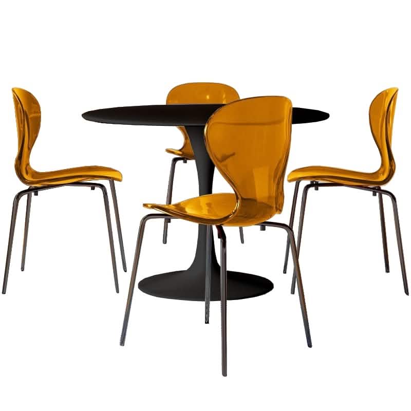 LeisureMod 5 - Piece Dining Set Round Black MDF Dining Table and 4 Acrylic Dining Chairs with Chrome Legs