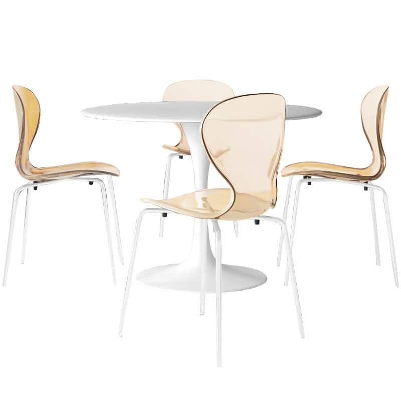LeisureMod 5 - Piece Dining Set Round White MDF Table and 4 Acrylic Chairs with White Base