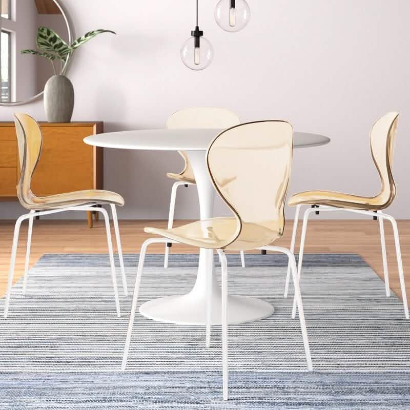 LeisureMod 5 - Piece Dining Set Round White MDF Table and 4 Acrylic Chairs with White Base