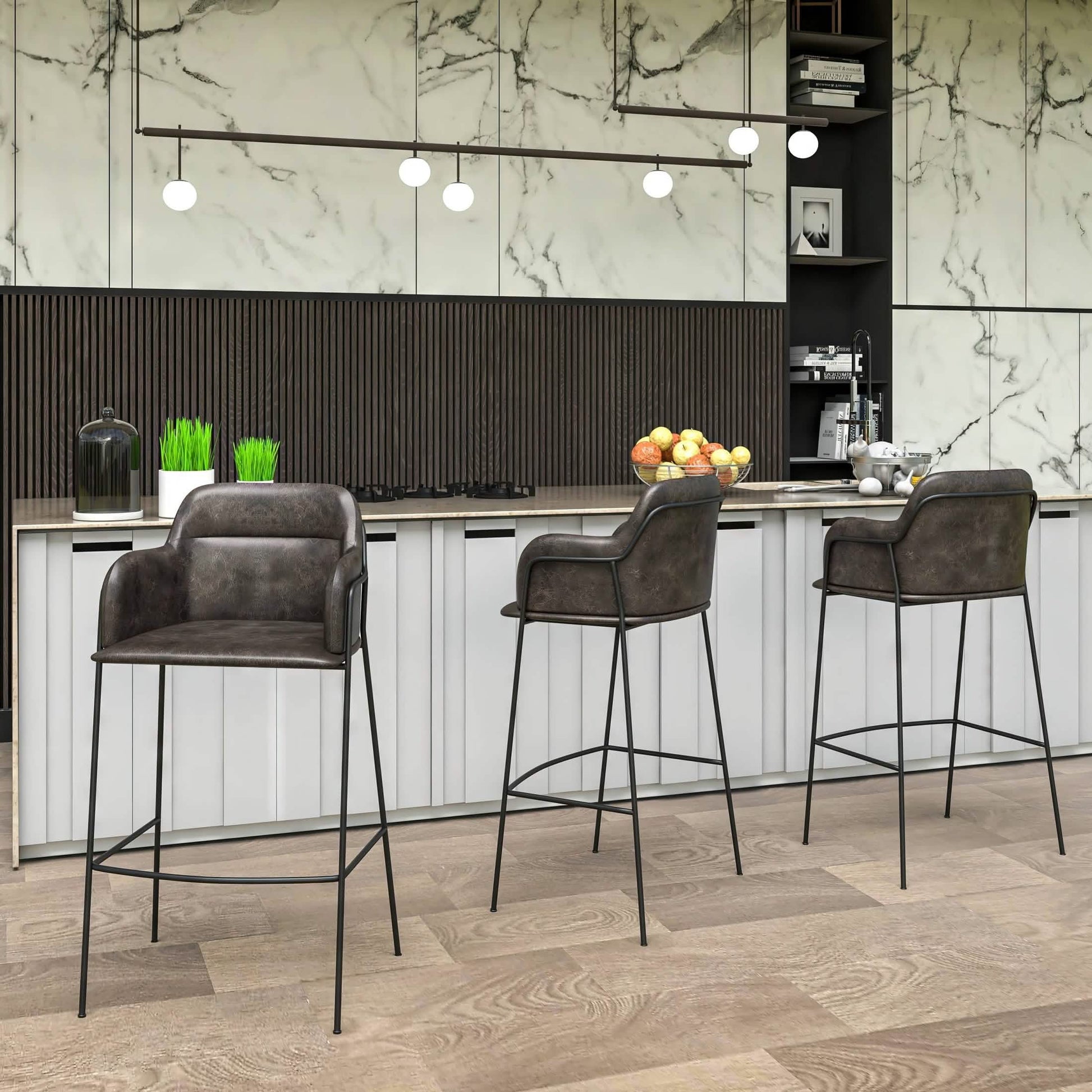 Axis 40" Bar Stool with Ergonomic Design, Powder-Coated Base, and Footrest in Black/Gold Velvet Black Black Bar Stools Leisuremod