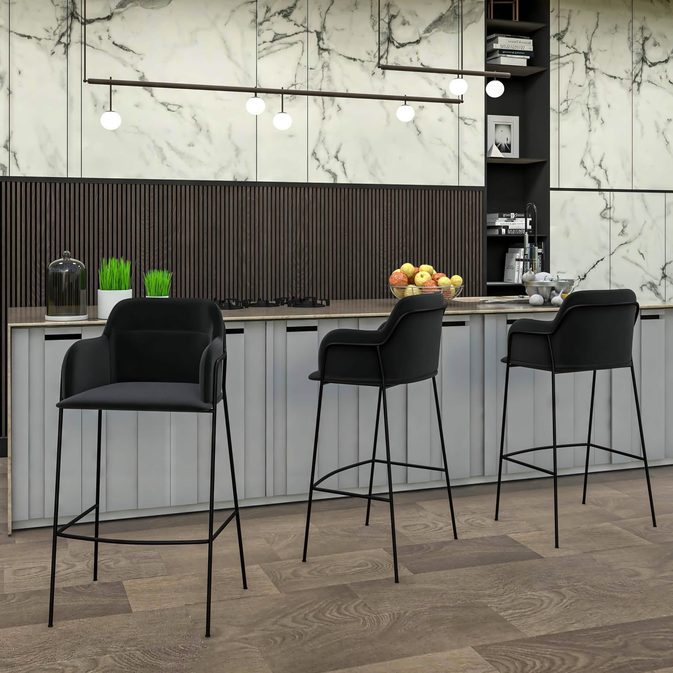 Axis 40" Bar Stool with Ergonomic Design, Powder-Coated Base, and Footrest in Black/Gold Velvet Black Black Bar Stools Leisuremod