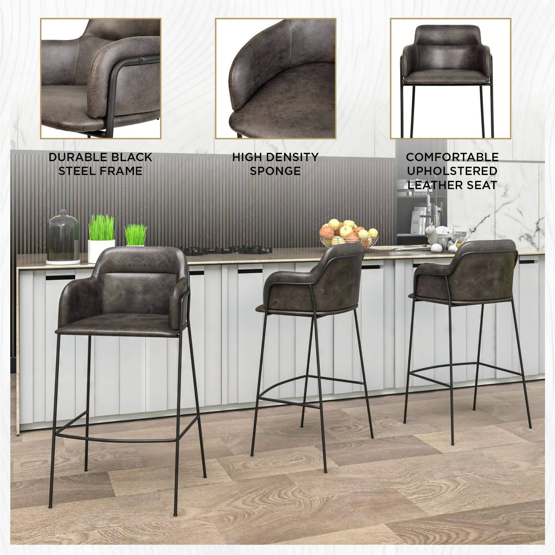 Axis 40" Bar Stool with Ergonomic Design, Powder-Coated Base, and Footrest in Black/Gold Velvet Black Black Bar Stools Leisuremod