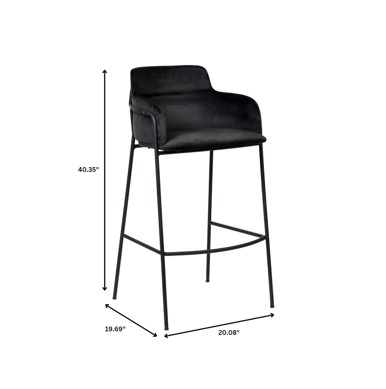 Axis 40" Bar Stool with Ergonomic Design, Powder-Coated Base, and Footrest in Black/Gold Velvet Black Black Bar Stools Leisuremod