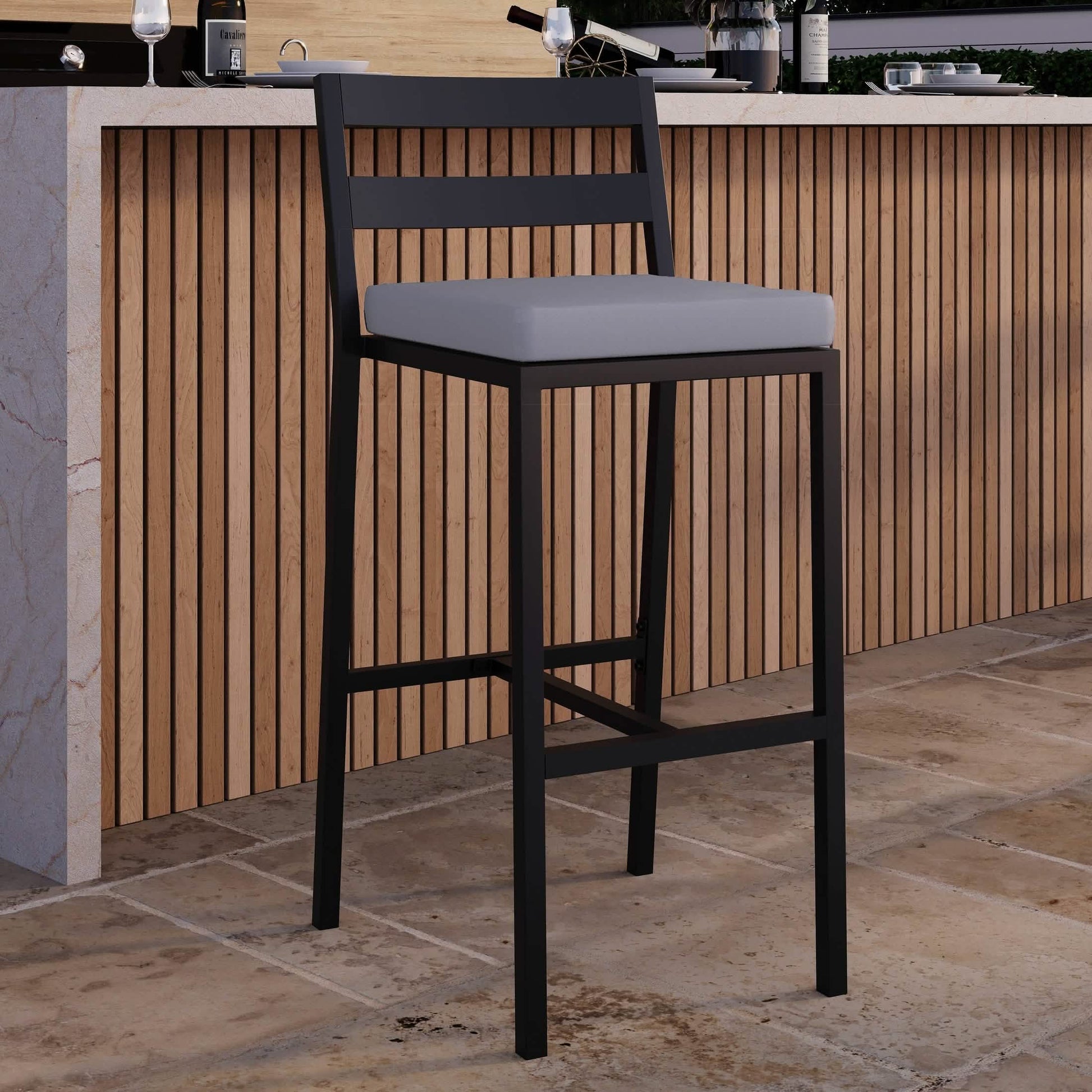 Chelsea Modern Patio Bar Chair in Powder-Coated Aluminum with Removable Cushion Charcoal Bar Stools Leisuremod