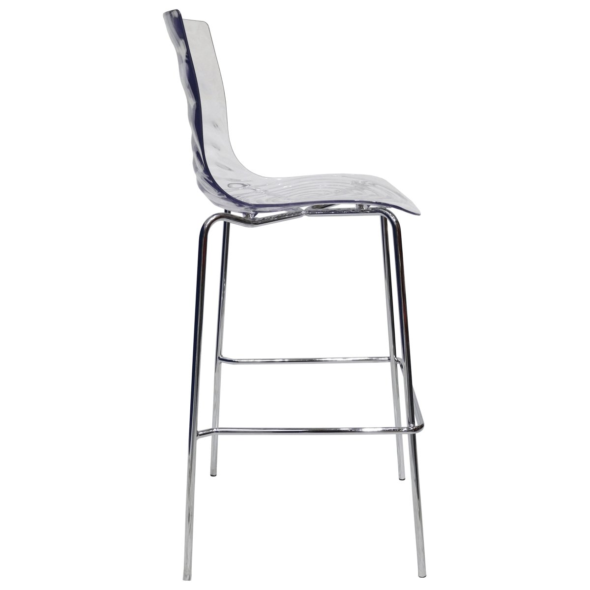 LeisureMod Bar Stools Clear Astor Plastic Bar Stool – Chrome Steel Base with Ripple Swirl Seat Design and Footrest