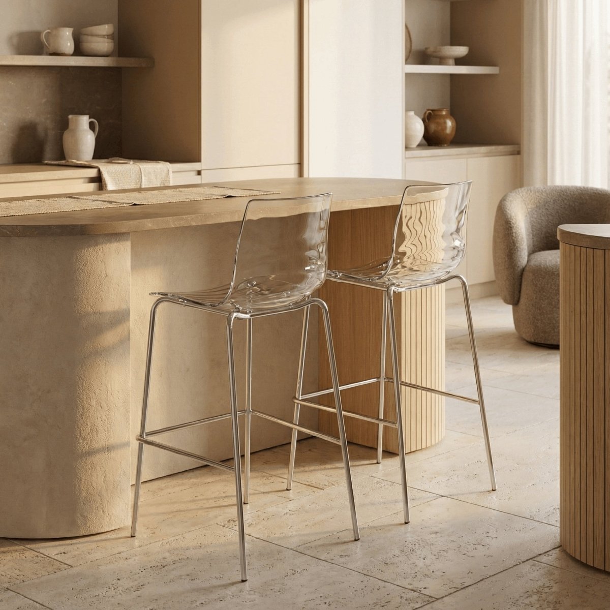 LeisureMod Bar Stools Clear Astor Plastic Bar Stool – Chrome Steel Base with Ripple Swirl Seat Design and Footrest