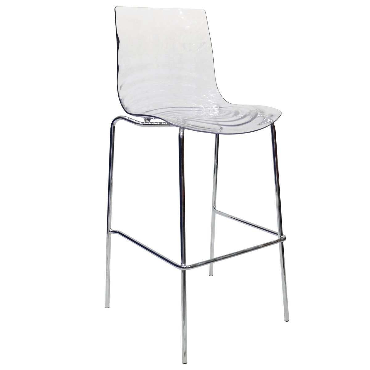 LeisureMod Bar Stools Clear Astor Plastic Bar Stool – Chrome Steel Base with Ripple Swirl Seat Design and Footrest
