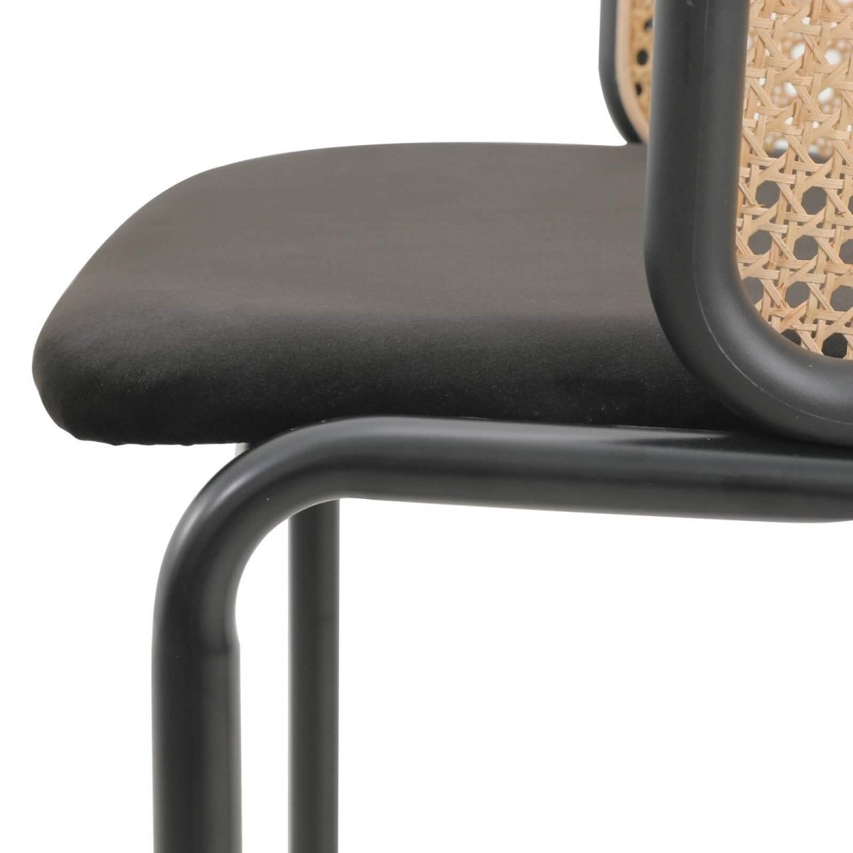 Ervilla Mid-Century Modern Wicker Bar Stool with Fabric Seat and Black/White Powder Coated Steel Frame Black Black Bar Stools Leisuremod