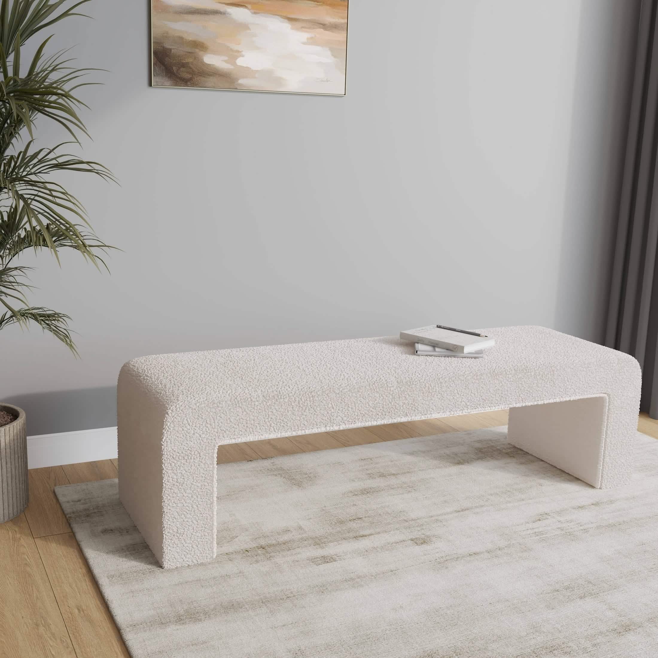 Vint 63" Wide Upholstered Bench in Boucle/Velvet with Curved Waterfall Design White BENCH Leisuremod