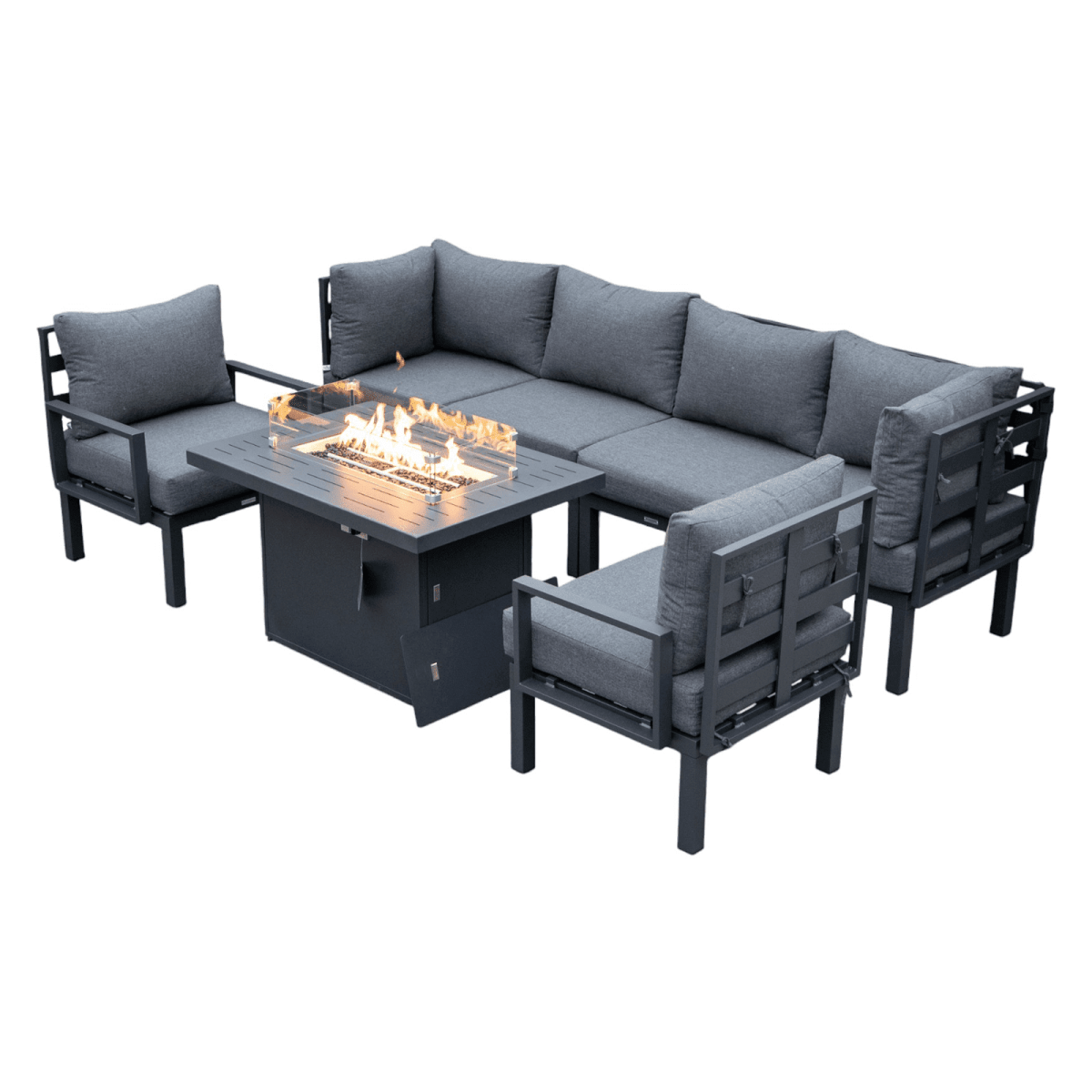 Chelsea 7-Piece Patio Sectional Set in Black Aluminum with Fire Pit Table Black Leisuremod