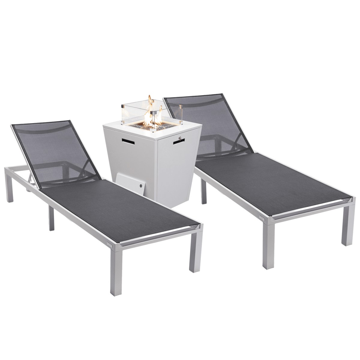 Marlin Modern White Aluminum Outdoor Chaise Lounge Chair With Square Fire Pit Side Table Set of 2 Black Leisuremod