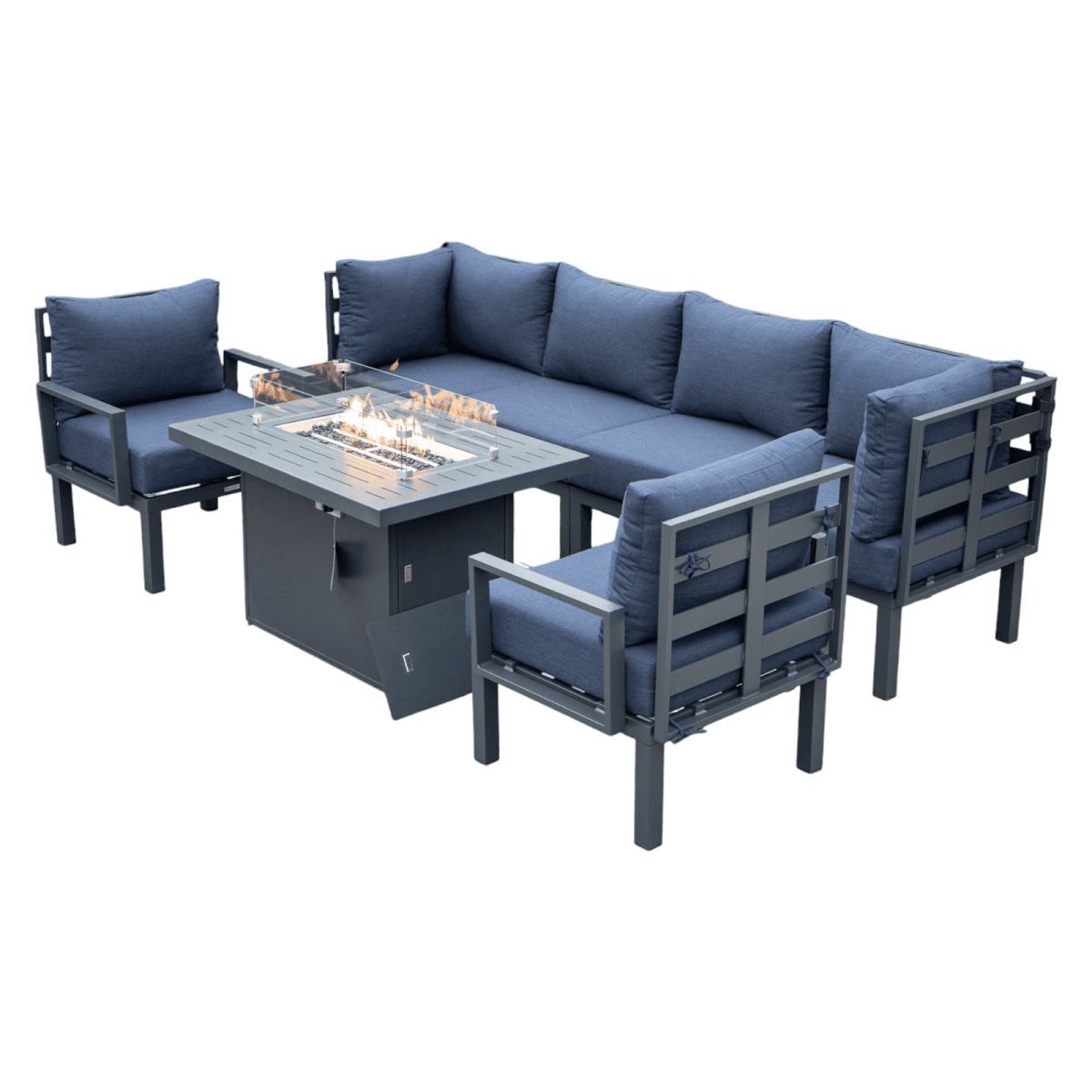 Chelsea 7-Piece Patio Sectional Set in Black Aluminum with Fire Pit Table Blue Leisuremod