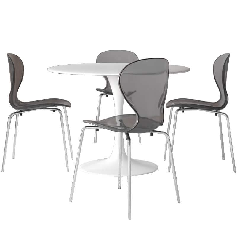 LeisureMod Bristol 5 - Piece Dining Set Round White MDF Dining Table and 4 Acrylic Dining Chairs with Chrome Legs