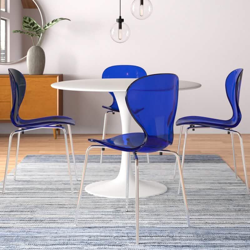 LeisureMod Bristol 5 - Piece Dining Set Round White MDF Dining Table and 4 Acrylic Dining Chairs with Chrome Legs