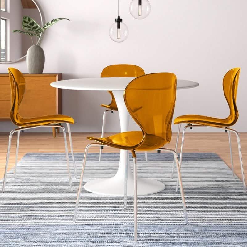 LeisureMod Bristol 5 - Piece Dining Set Round White MDF Dining Table and 4 Acrylic Dining Chairs with Chrome Legs