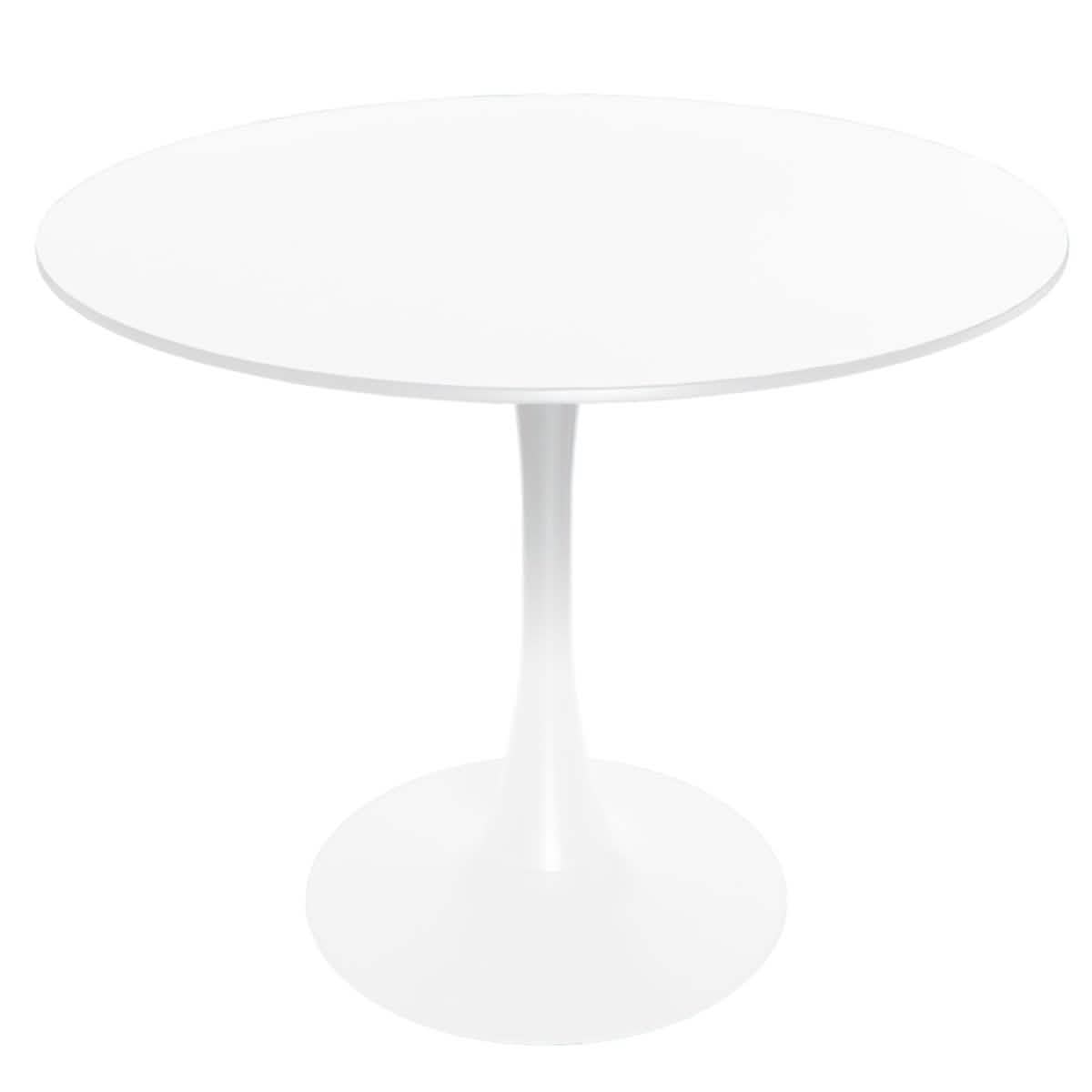 LeisureMod Bristol 5 - Piece Dining Set Round White MDF Dining Table and 4 Acrylic Dining Chairs with Chrome Legs