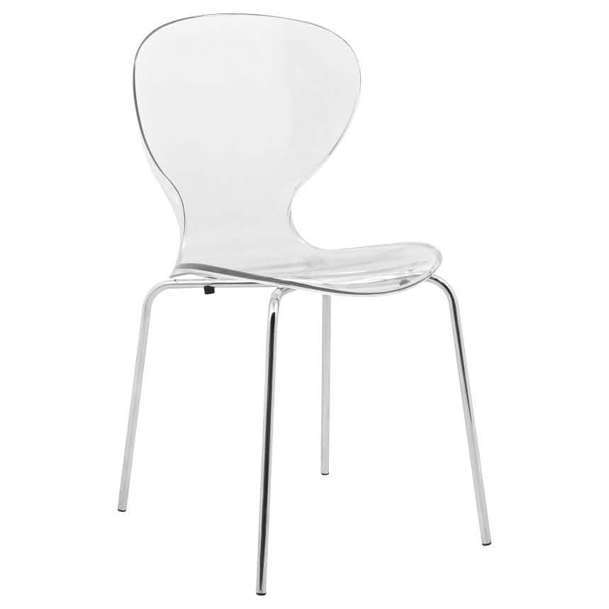 LeisureMod Bristol 5 - Piece Dining Set Round White MDF Dining Table and 4 Acrylic Dining Chairs with Chrome Legs