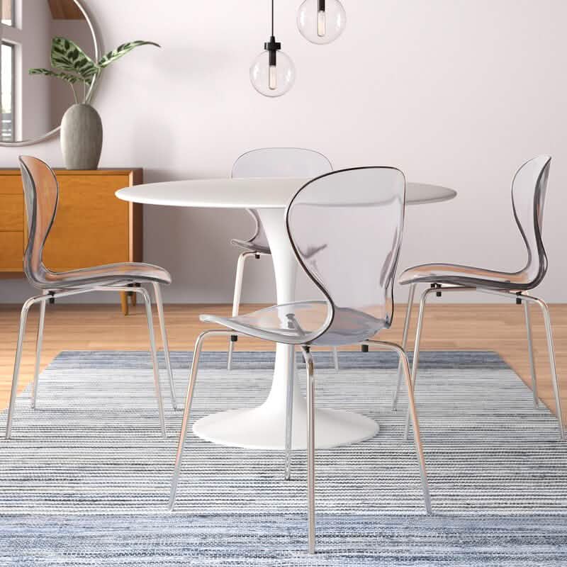 LeisureMod Bristol 5 - Piece Dining Set Round White MDF Dining Table and 4 Acrylic Dining Chairs with Chrome Legs