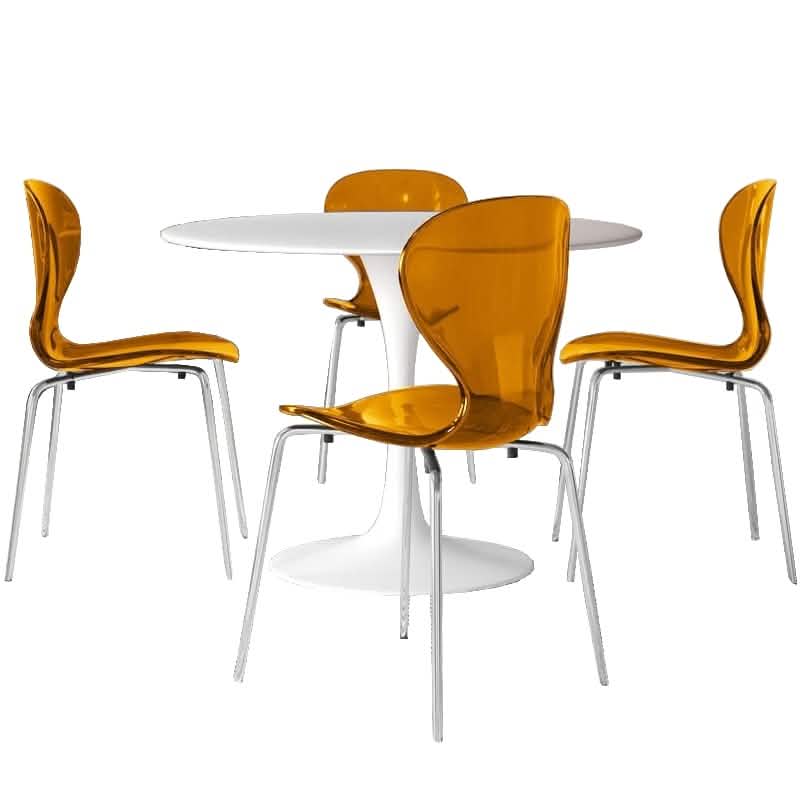 LeisureMod Bristol 5 - Piece Dining Set Round White MDF Dining Table and 4 Acrylic Dining Chairs with Chrome Legs