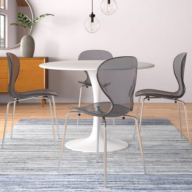 LeisureMod Bristol 5 - Piece Dining Set Round White MDF Dining Table and 4 Acrylic Dining Chairs with Chrome Legs