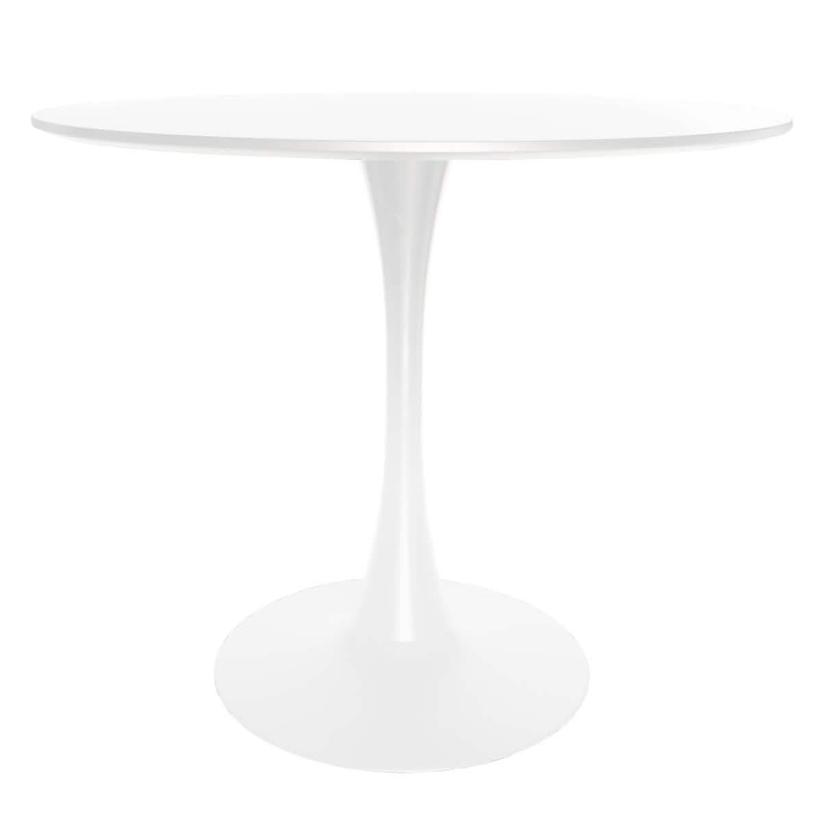 LeisureMod Bristol 5 - Piece Dining Set Round White MDF Dining Table and 4 Acrylic Dining Chairs with Chrome Legs