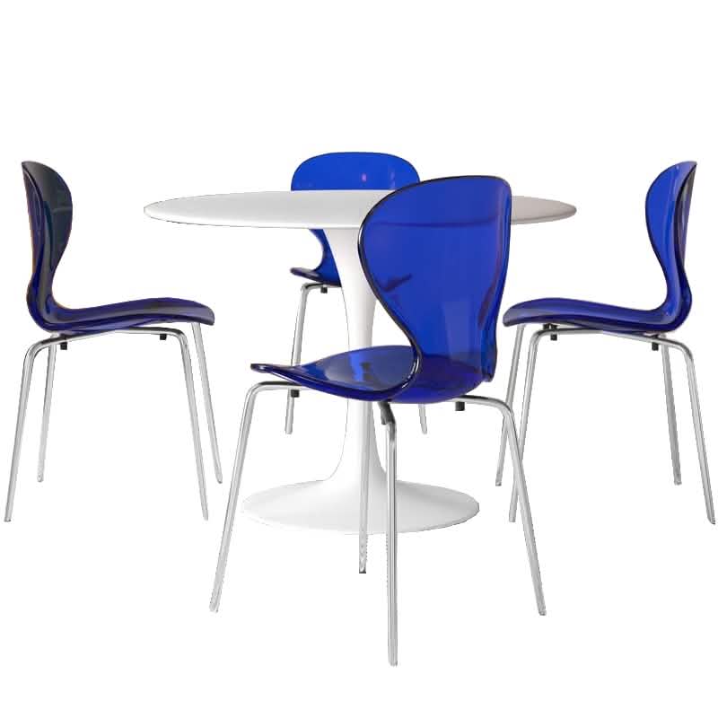 LeisureMod Bristol 5 - Piece Dining Set Round White MDF Dining Table and 4 Acrylic Dining Chairs with Chrome Legs